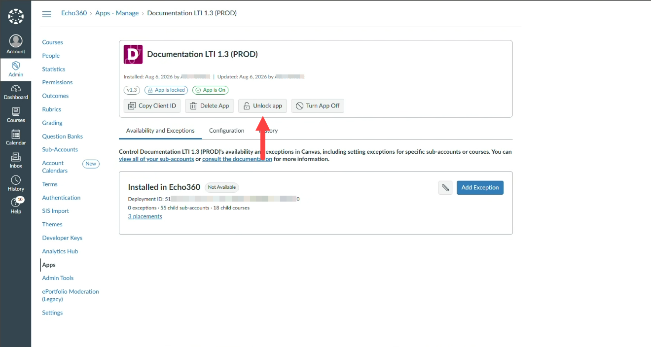 LTI 1.3 app showing in Apps with Unlock app identified as described