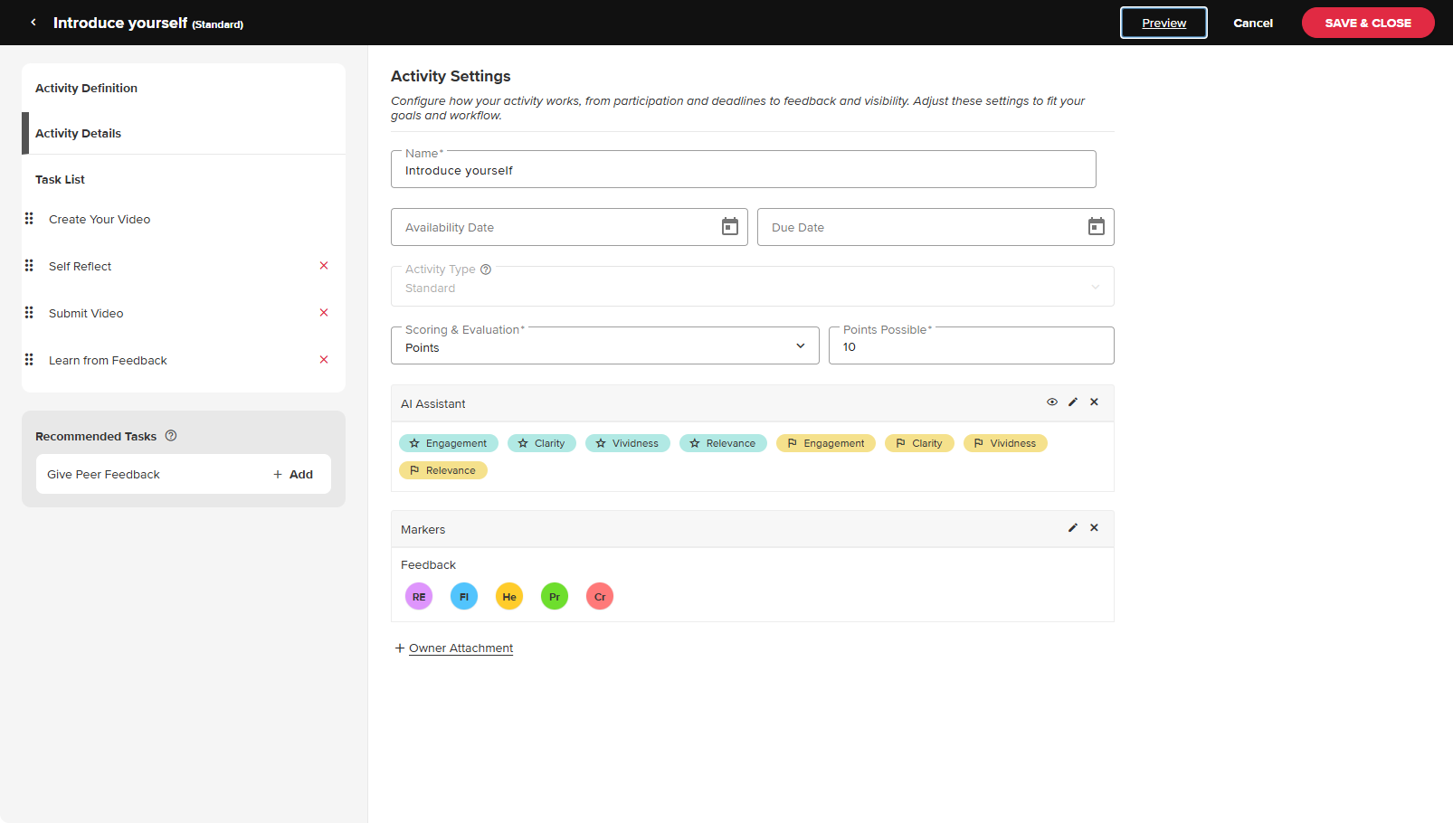 The Activity Settings panel showing options listed below