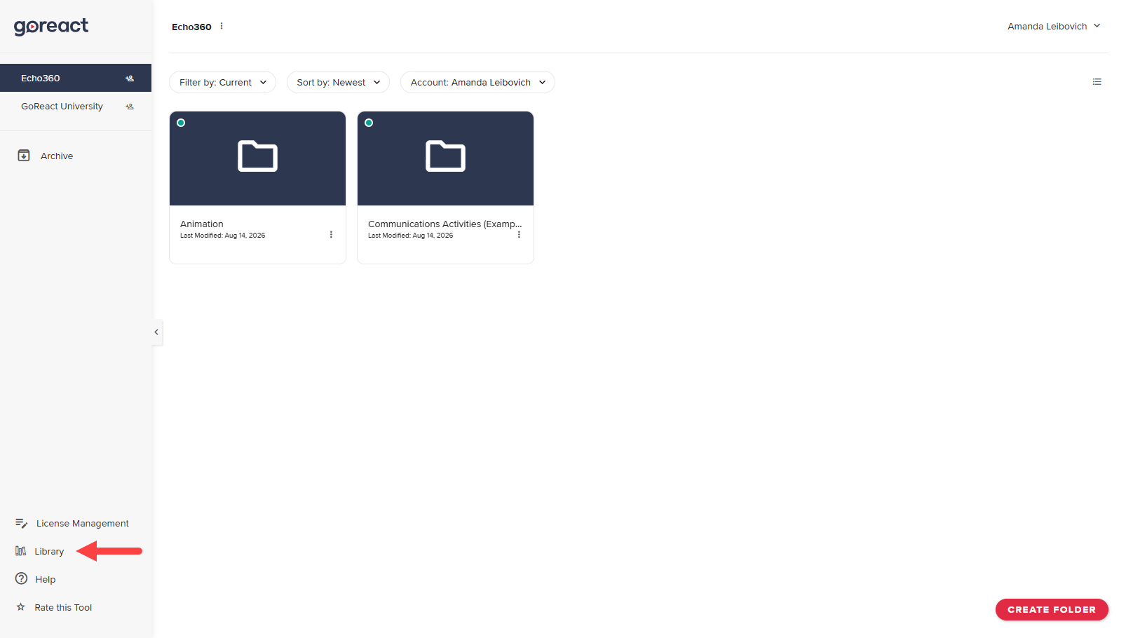 Dashboard with Library identified as described