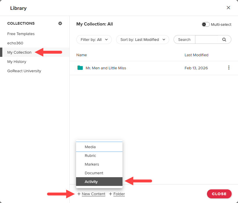 Library modal showing My Collection, + New Content, and Activity path highlighted as described