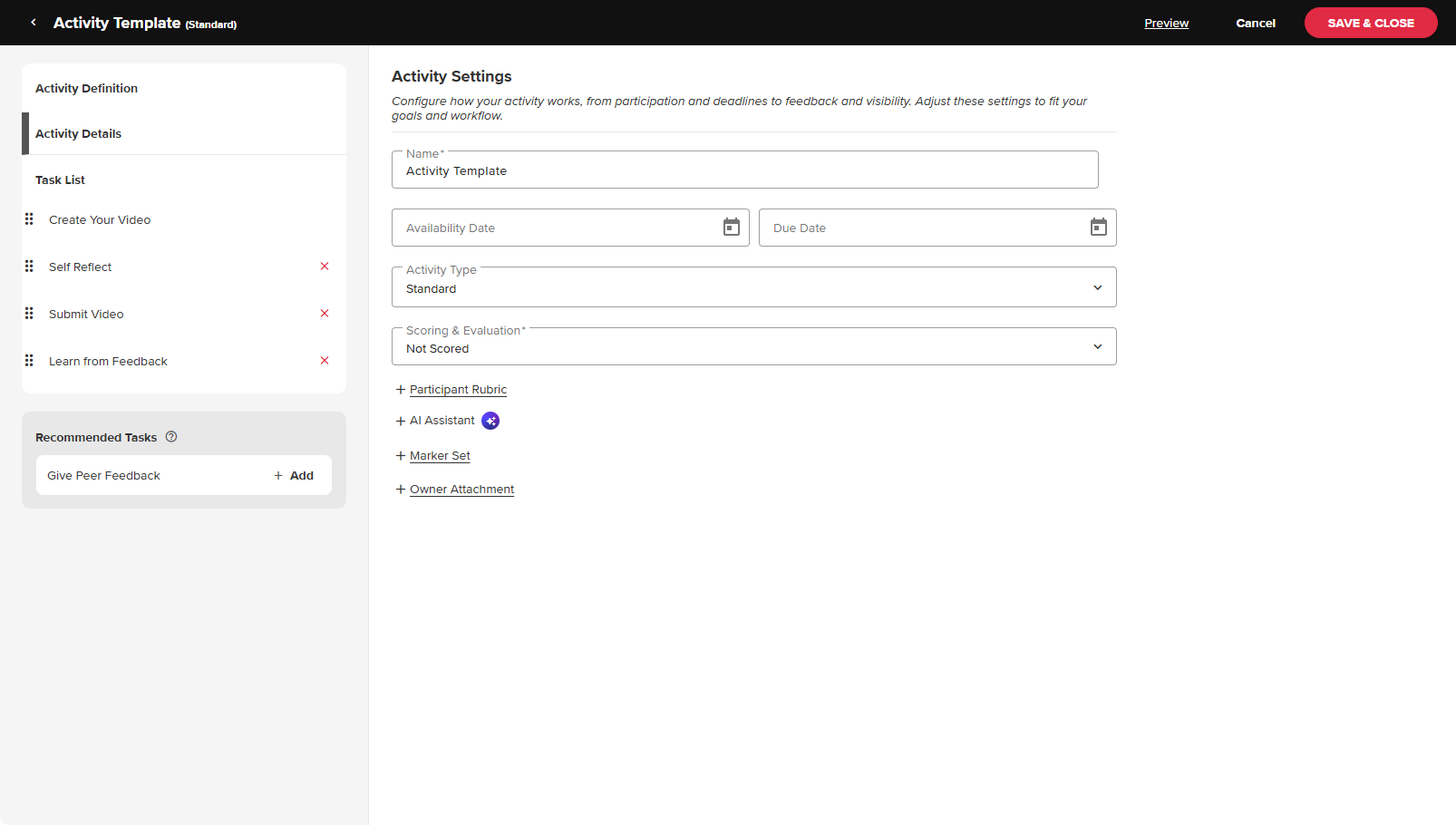 Activity Settings of a new activity template as described