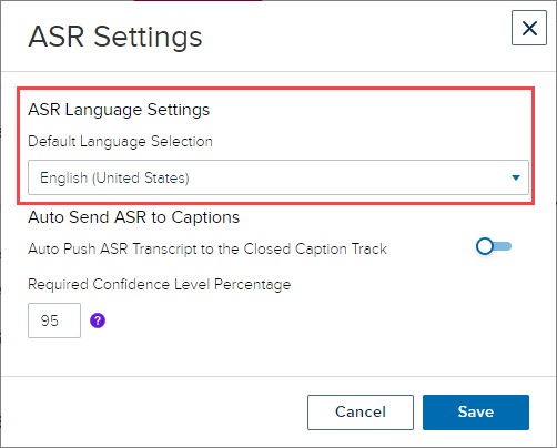 ASR Settings dialog box with ASR Language Settings options identified specifically for selection and configuration as described