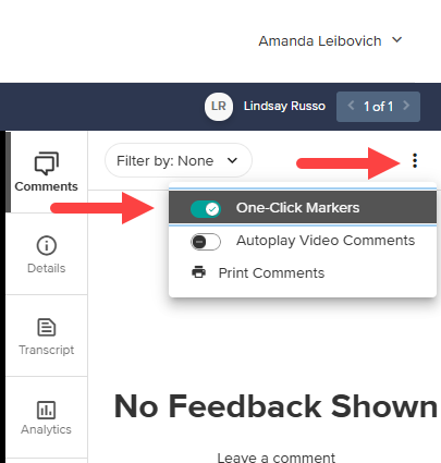 Options menu opened with One-Click Markers identified as described