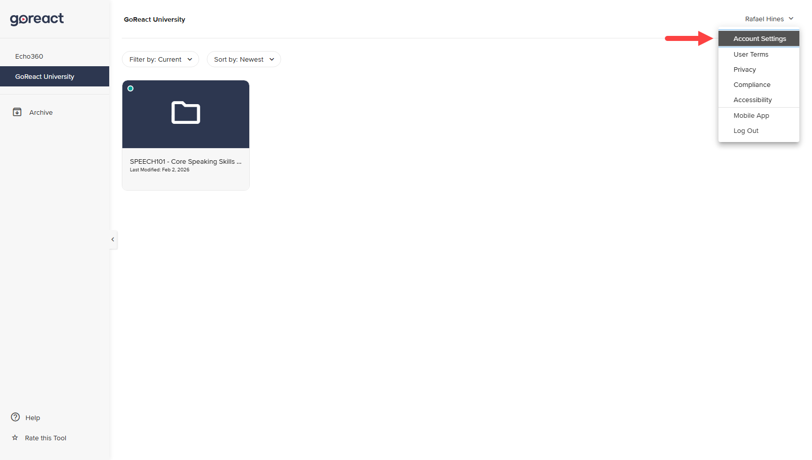 User Menu expanded showing Account Settings identified as described