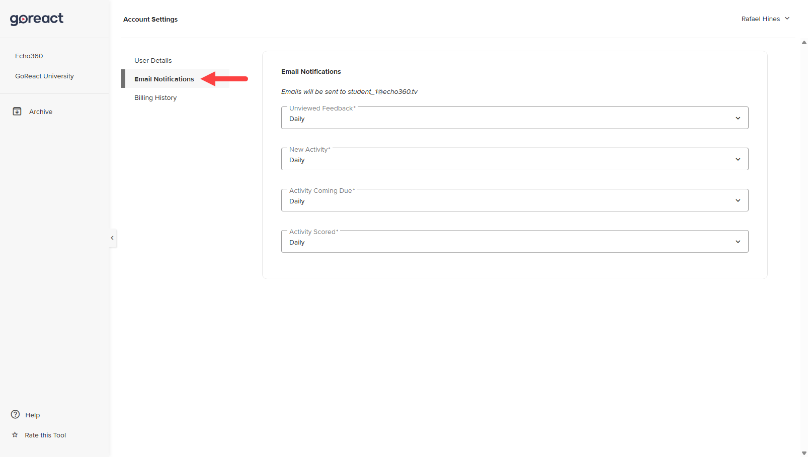 Email Notifications identified and available options displayed as described