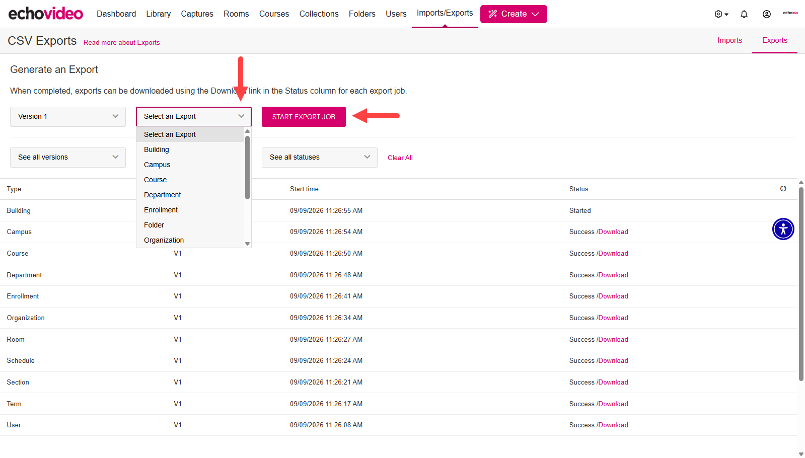 Imports/Exports menu with Export dropdown and START EXPORT JOB button identified as described