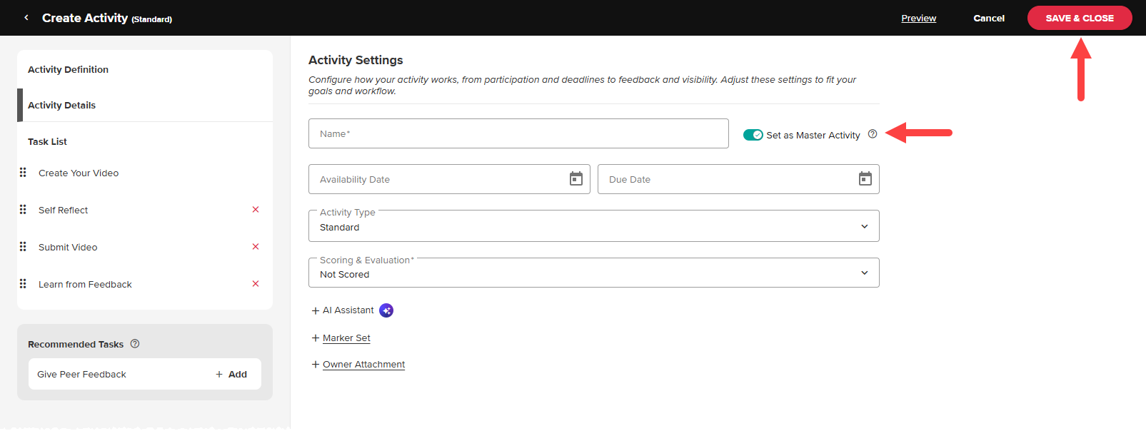 Create Activity Template showing Master Activity toggled on and CREATE AVAILABILITY button identified as described
