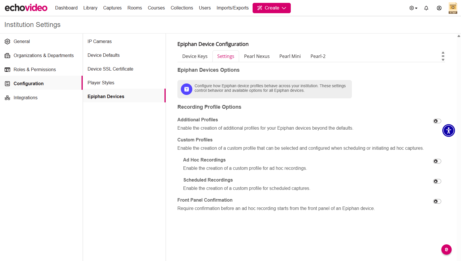 Epiphan Device Configuration Settings with all toggles set to off