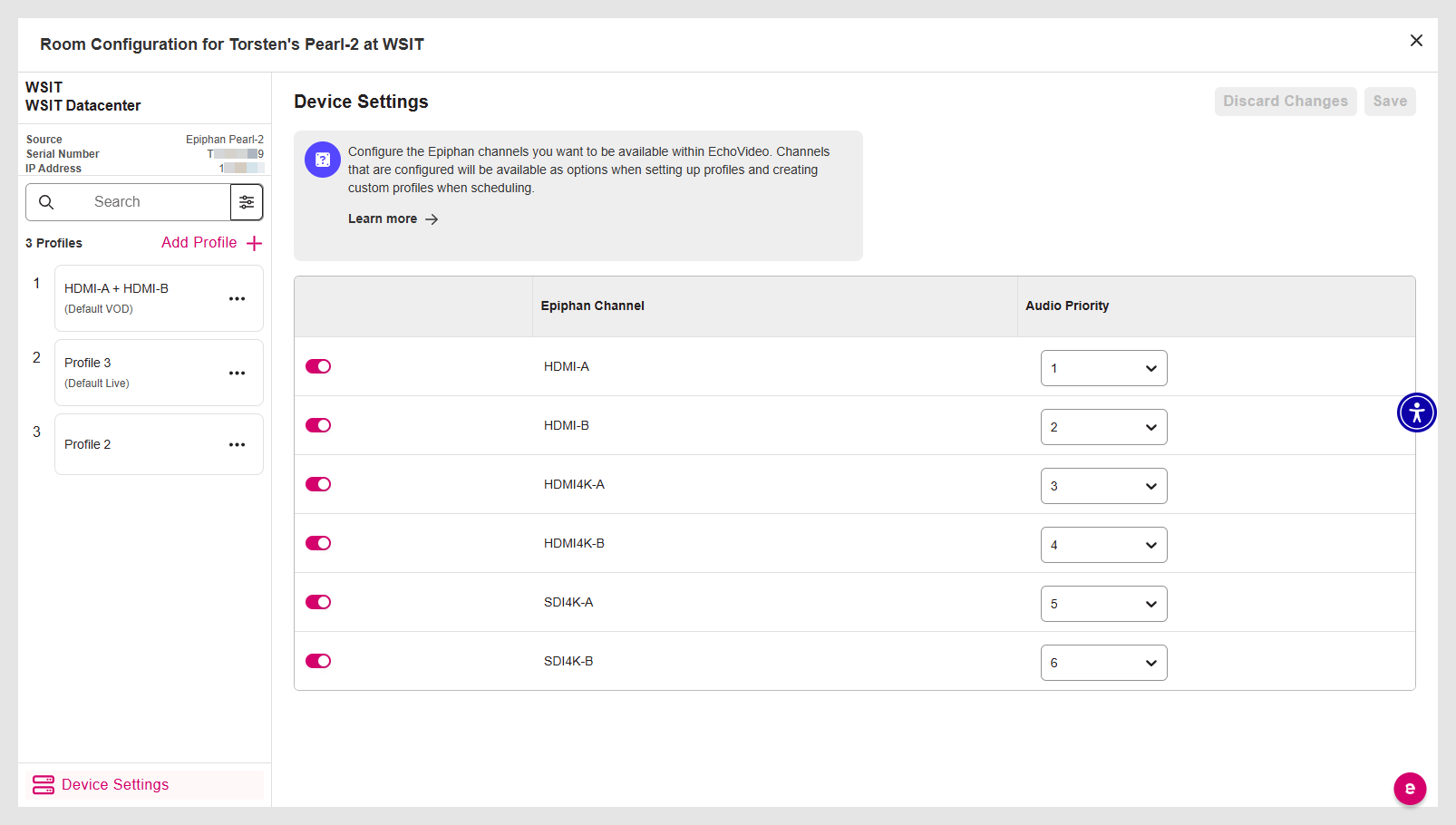 Epiphan Room Device Settings