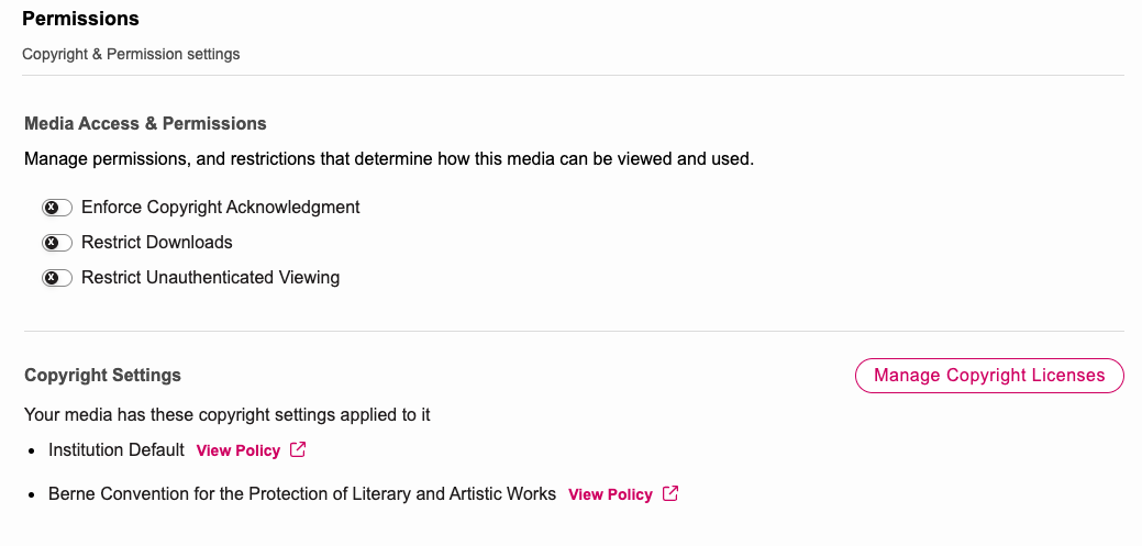 Permissions section of the Media Details Page that includes Copyright Settings
