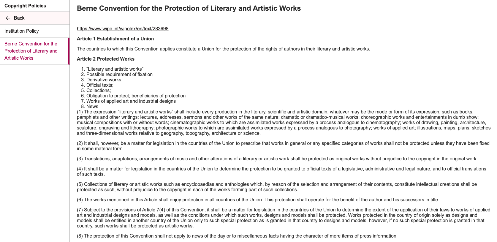 Main Legal page showing sub-navigation to display all Copyright licenses configured within the Institution