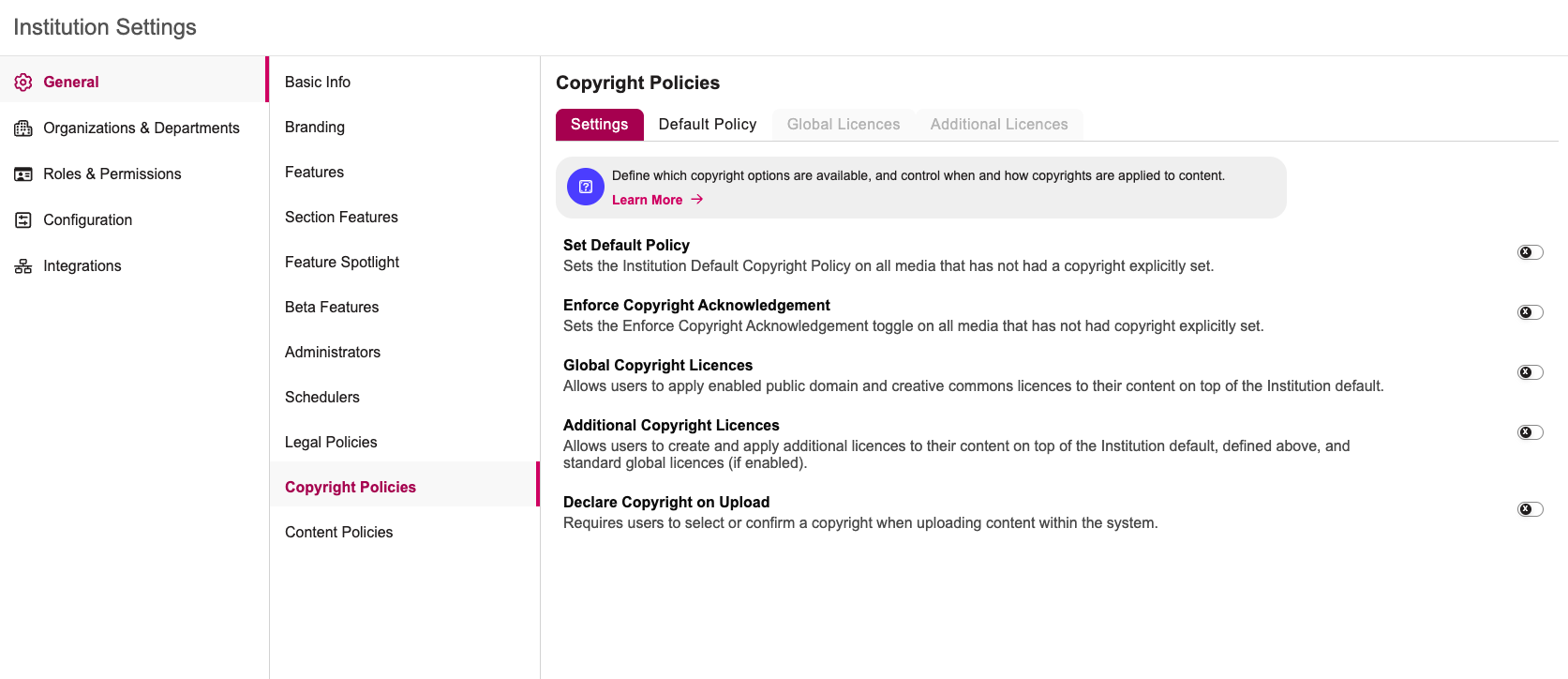 Copyright Policies tab nestled under General in the Institution Settings
