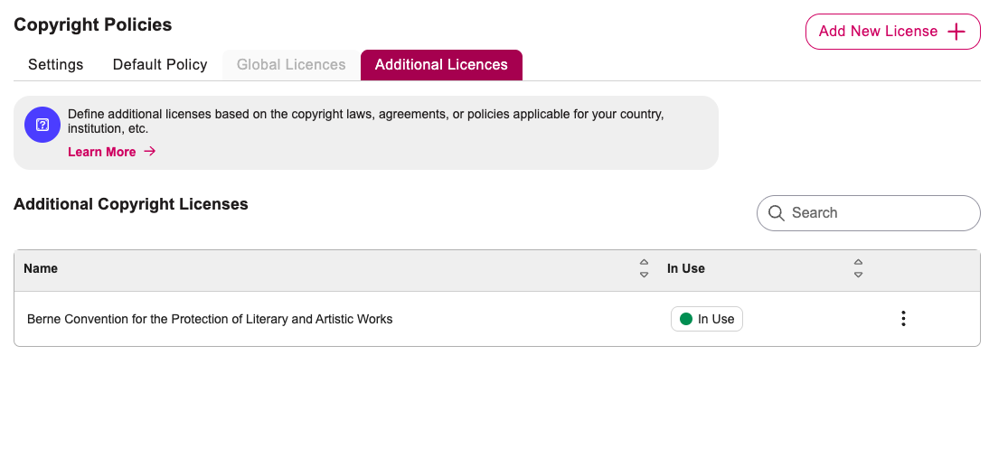 Additional Licenses tab of the Copyright Policies showing a manually added copyright