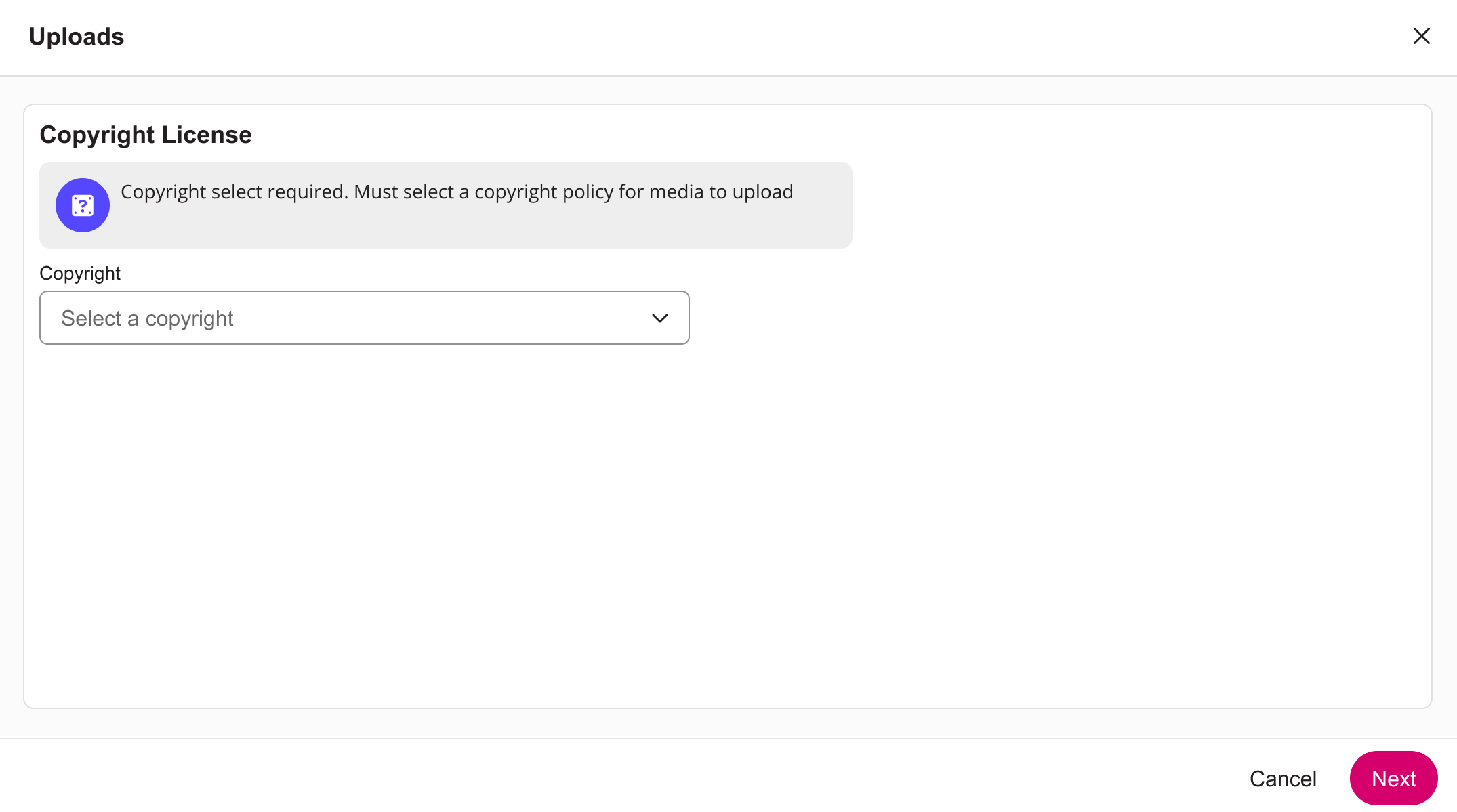 Uploads modal with Copyright License dropdown
