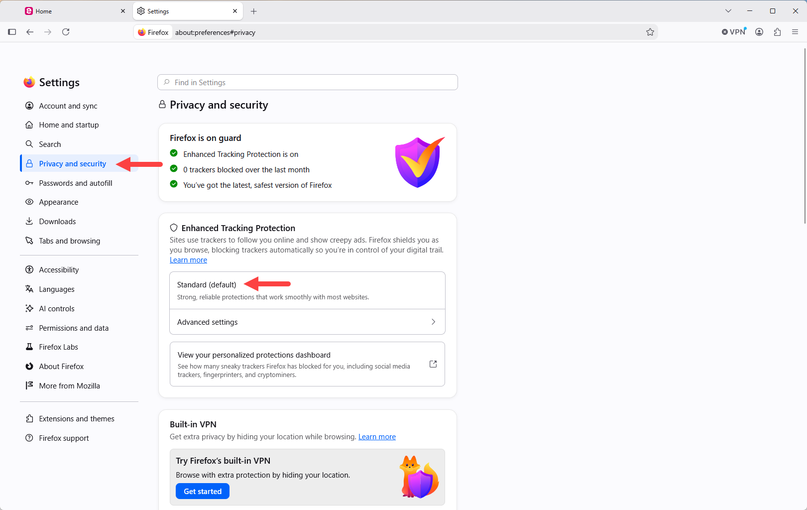 Firefox privacy and security page with Standard default option selected and identified as described