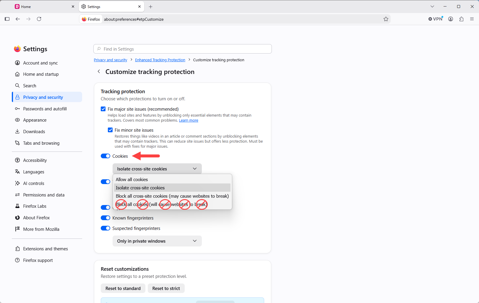 Firefox custom privacy settings with block all cookies option identified with prohibit symbols indicating do not select this