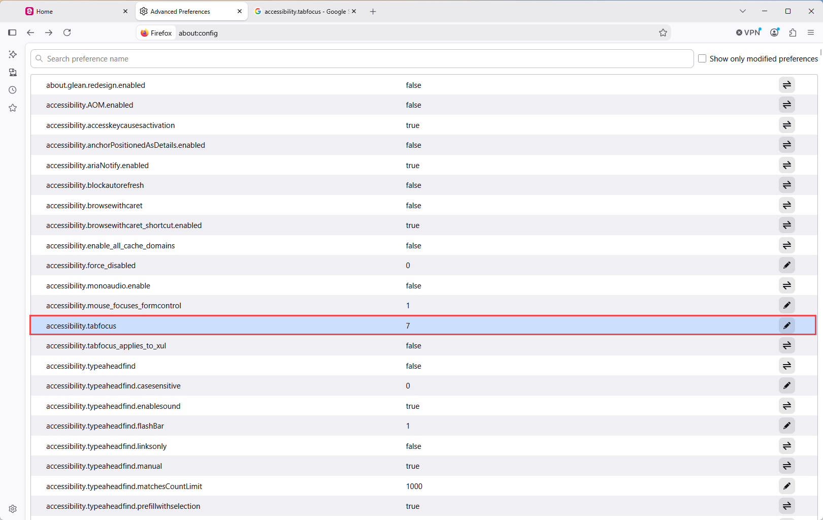 Firefox about configurations list with accessbility tab focus entry and value now appearing as described