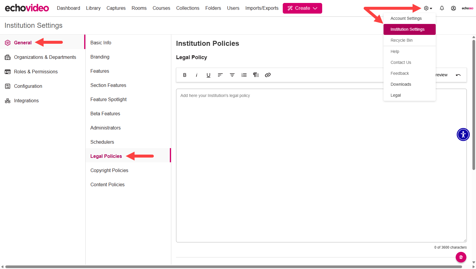 Legal Policies tab of General Institutional settings page with navigation shown as described