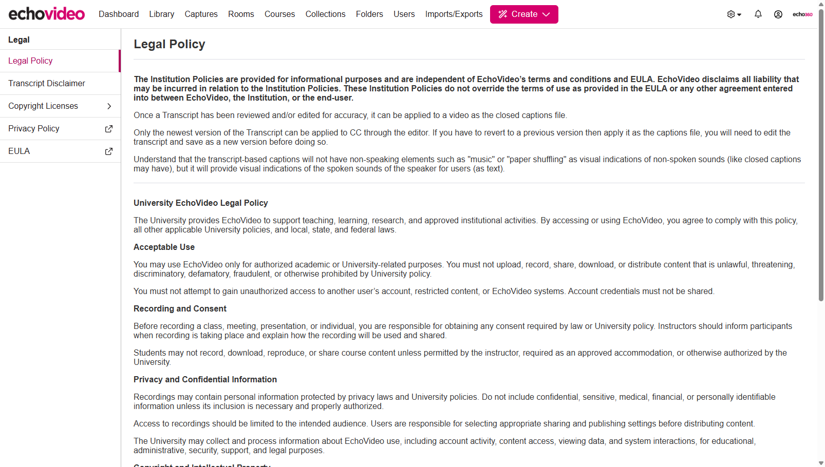 Legal Policy tab of the Legal page in EchoVideo showing the text saved in the steps above