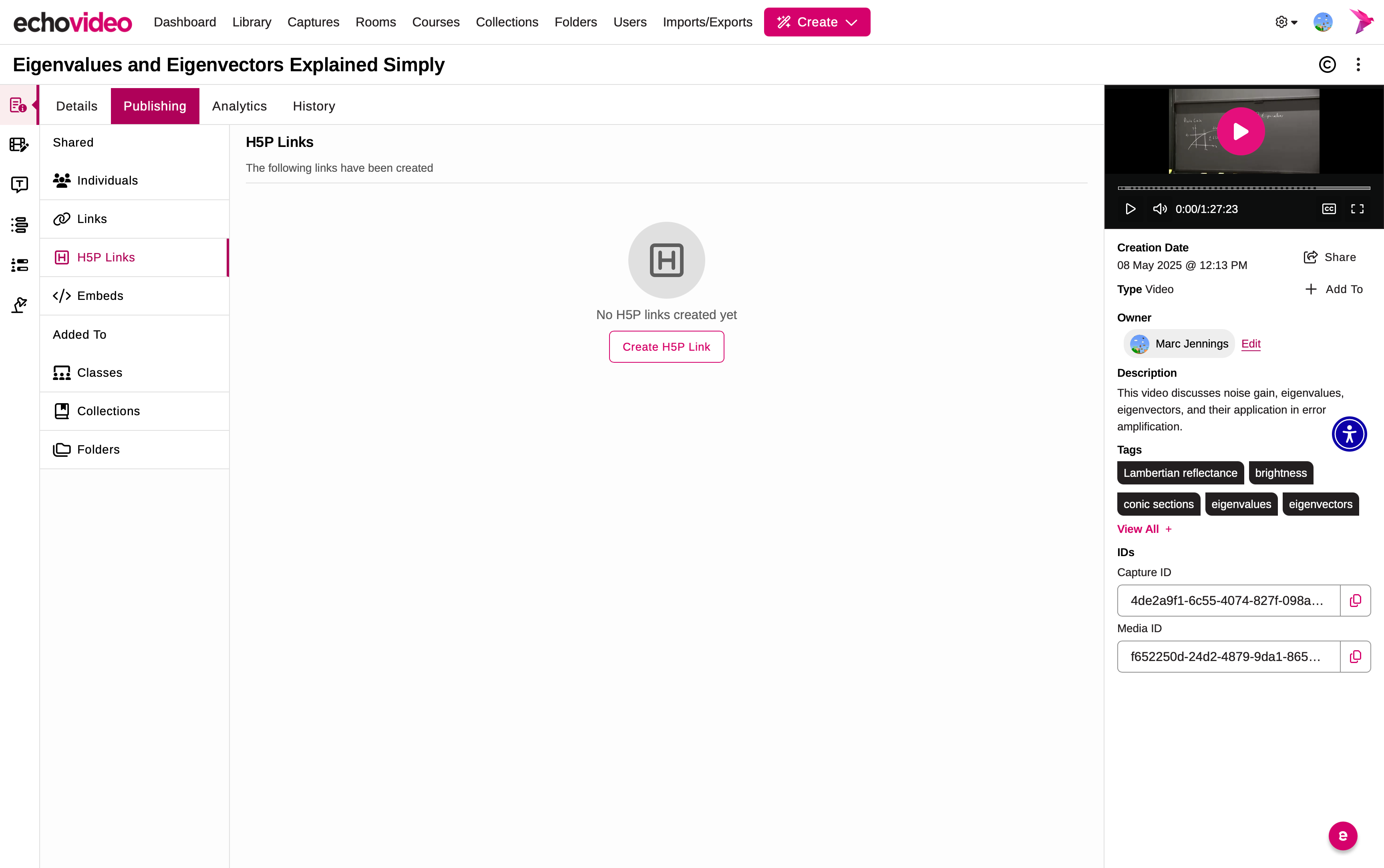 Media Details Page opened to the H5P Links section of the Publishing tab with Create Link button identified