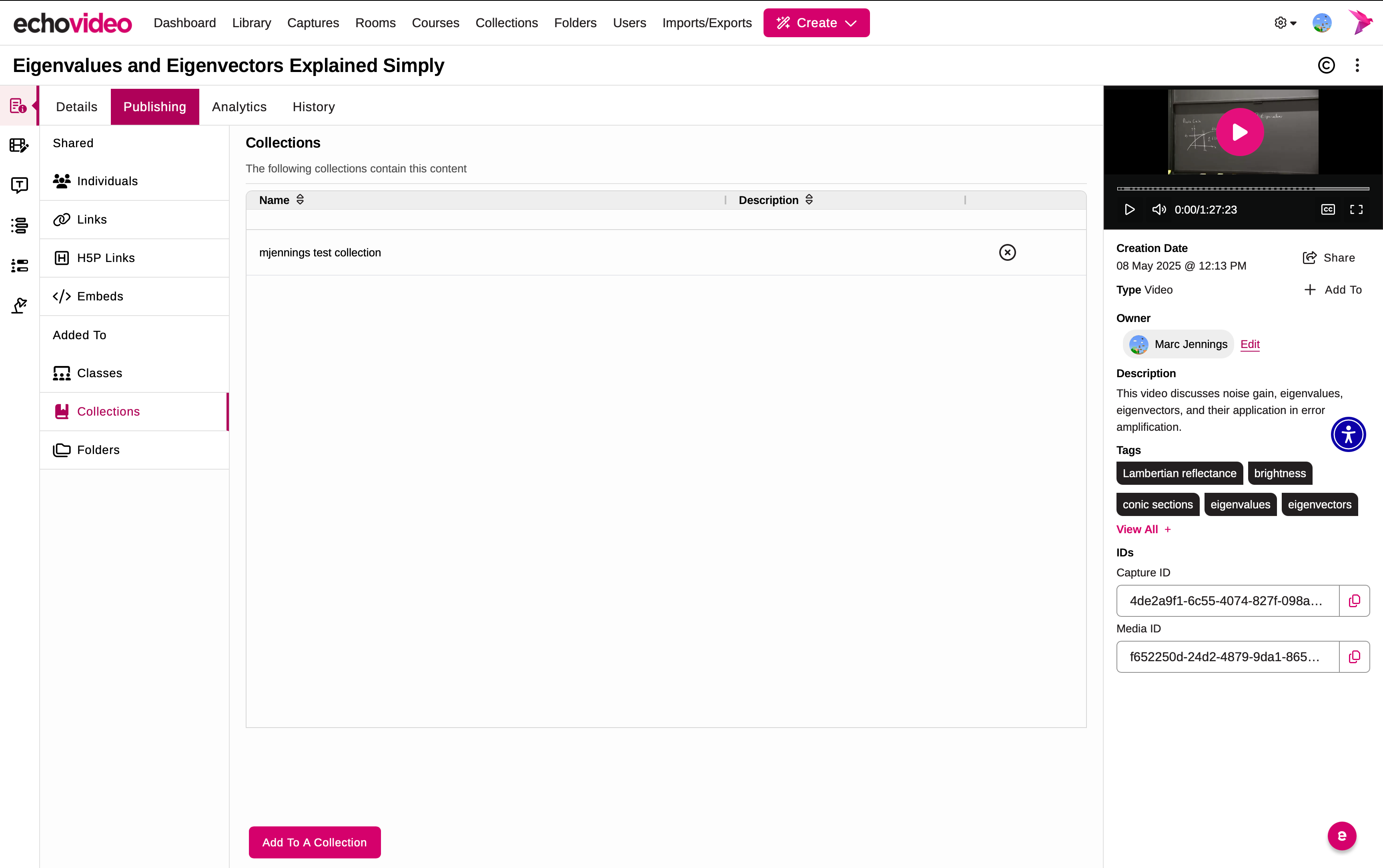 Media Details page identifying Publishing and Collections as described