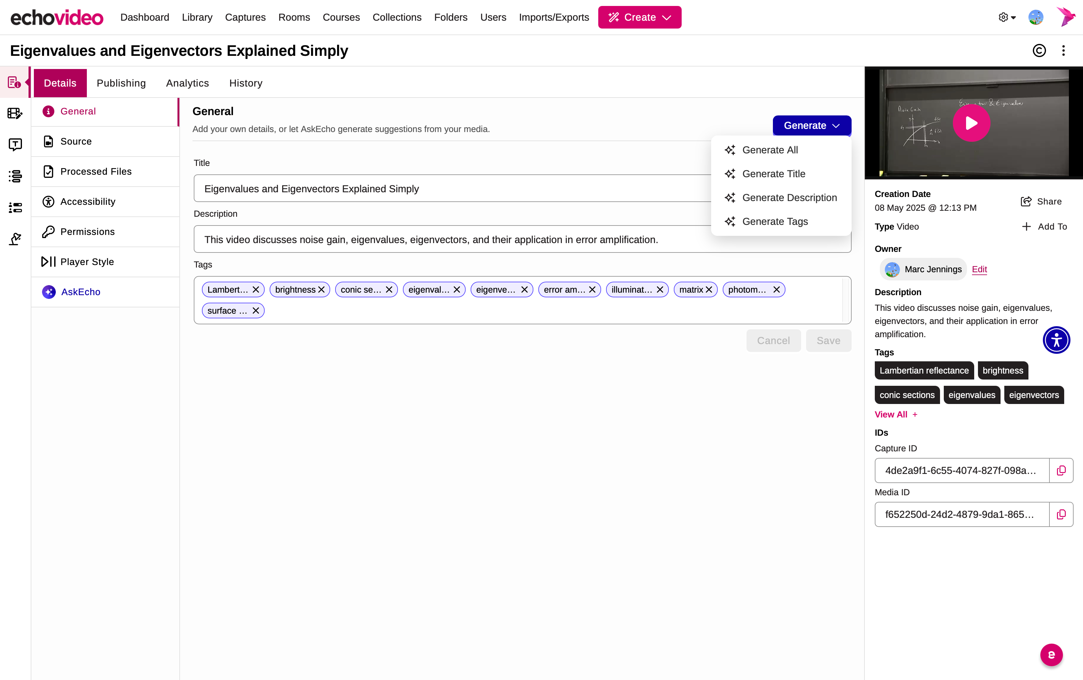General tab with Basic Information fields populated and Generate dropdown visible