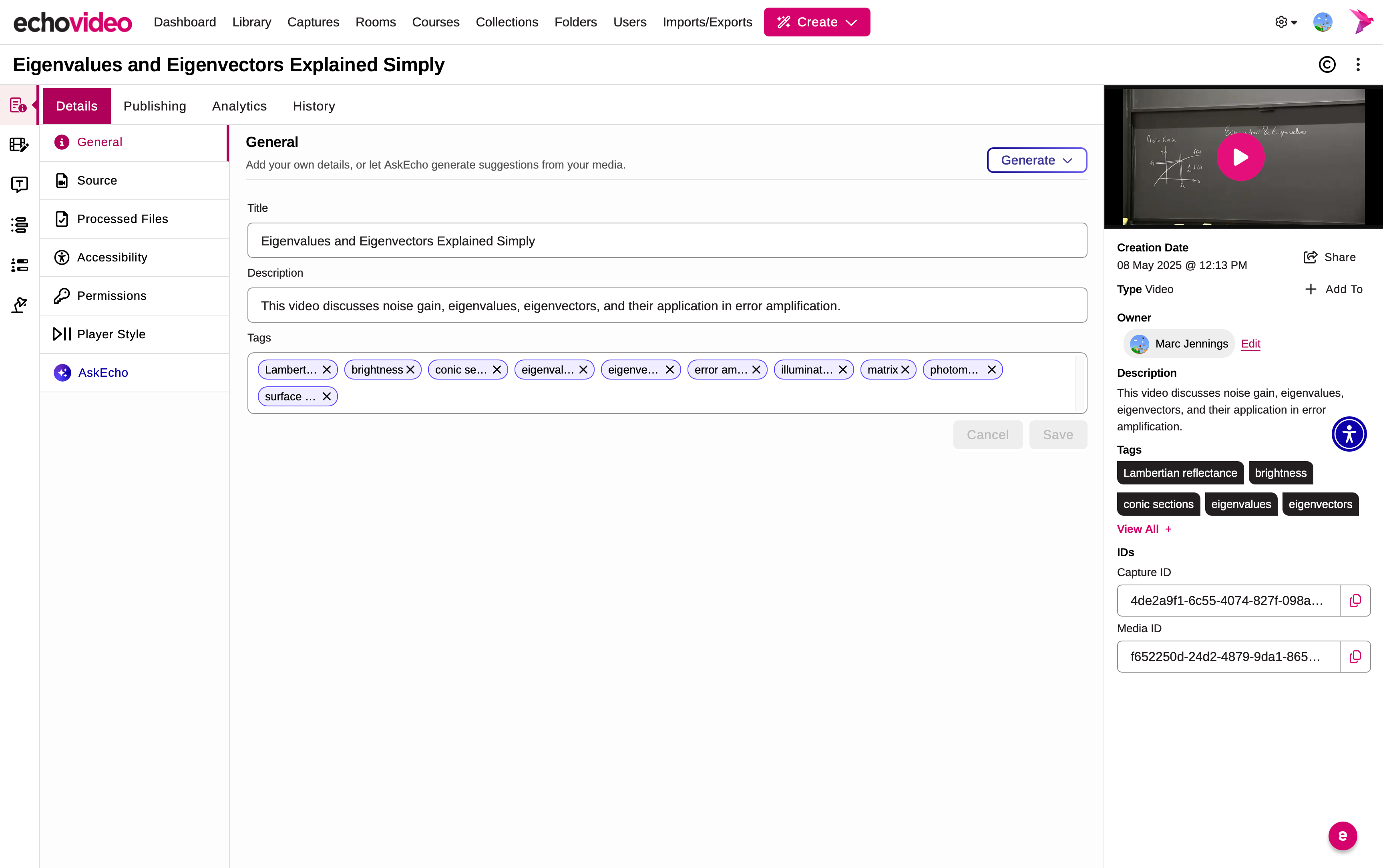 Media details page for a video with the General menu under the Details tab is identified as described