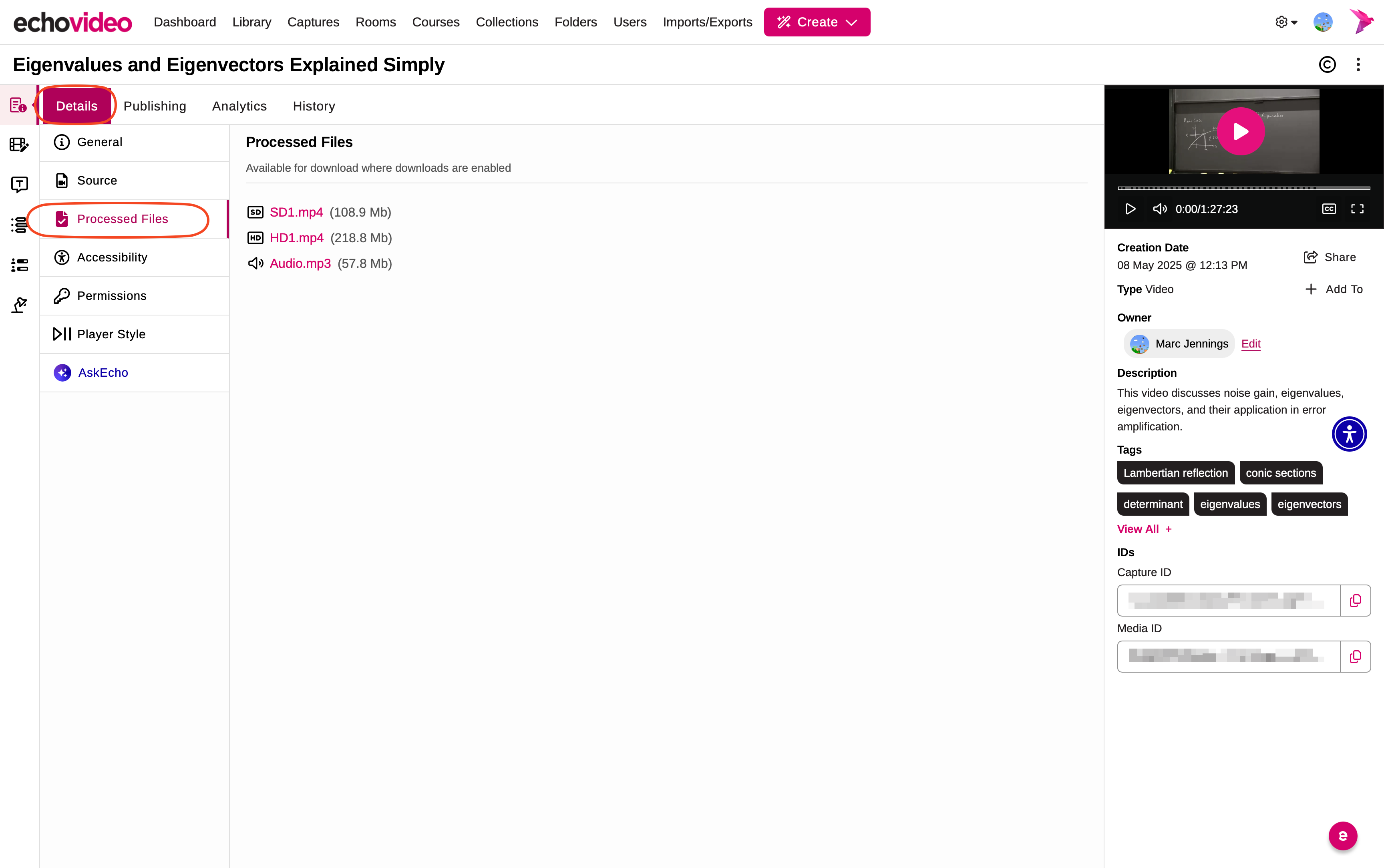Media Details page open to Processed Files with download option identified as described