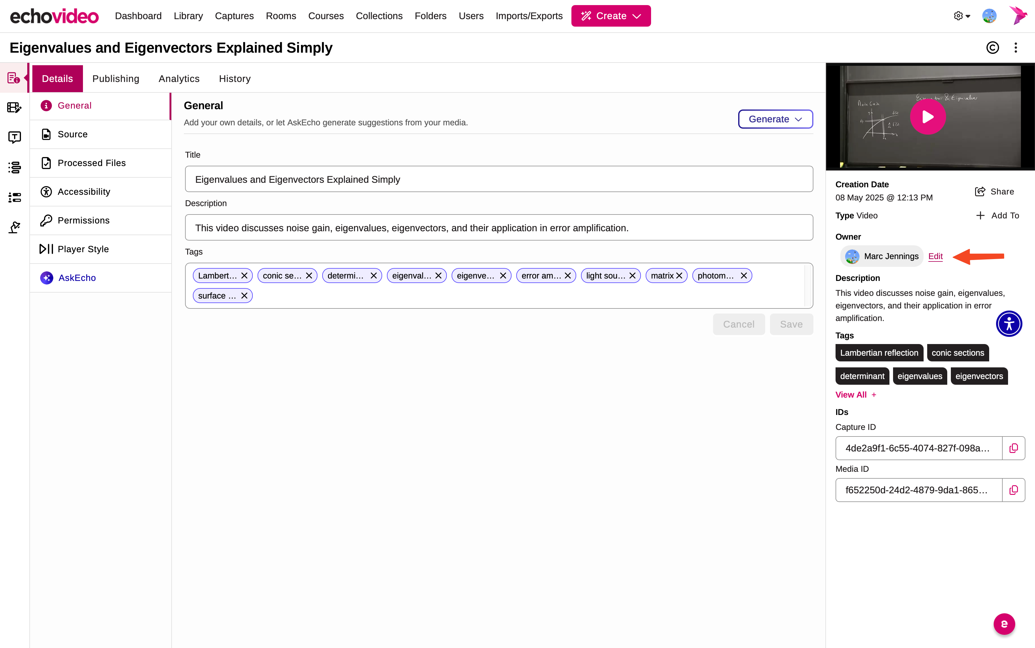 Admin media details page with owner field identified for steps as described