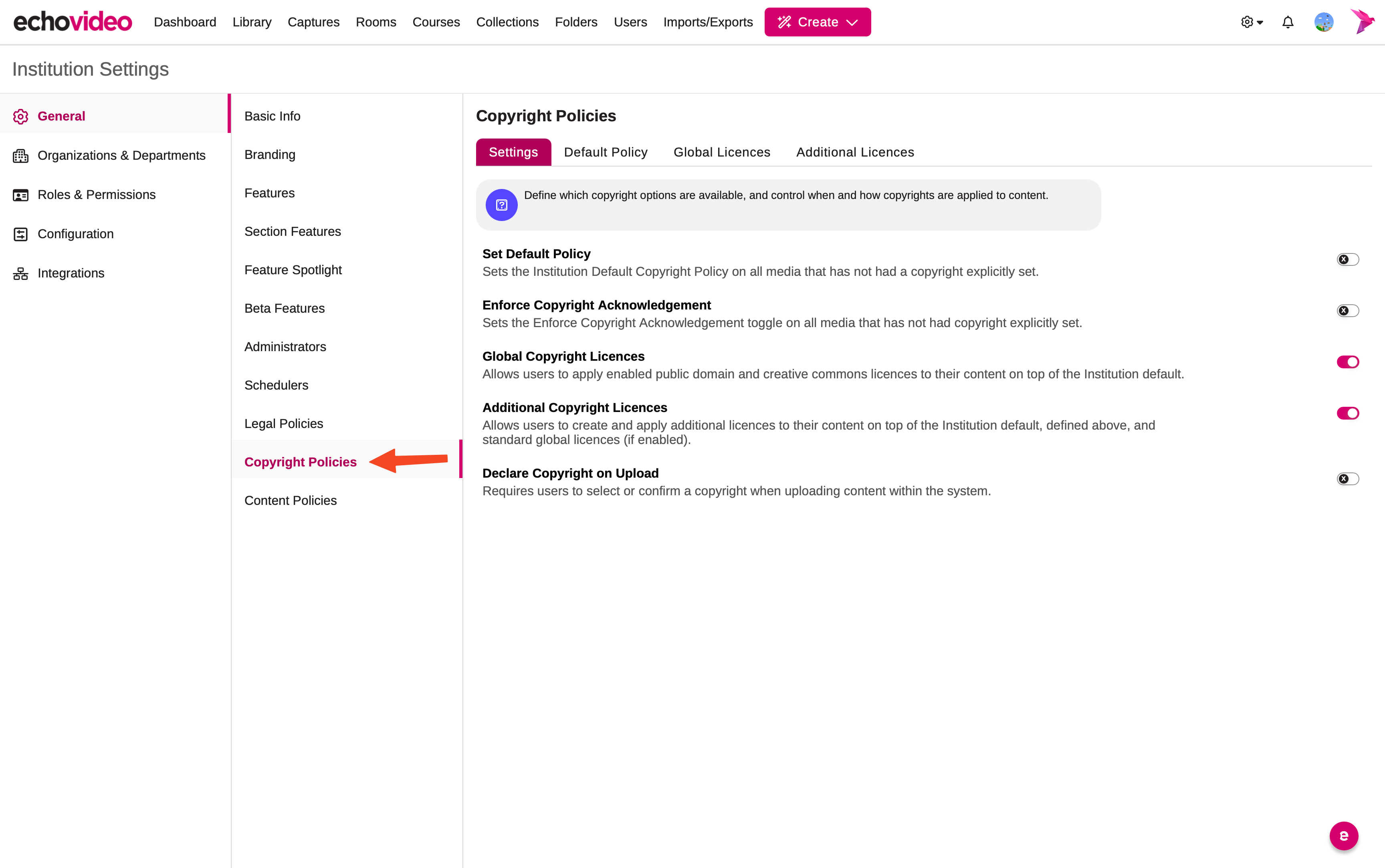 Copyright Policies tab of General Institutional settings page with navigation shown as described