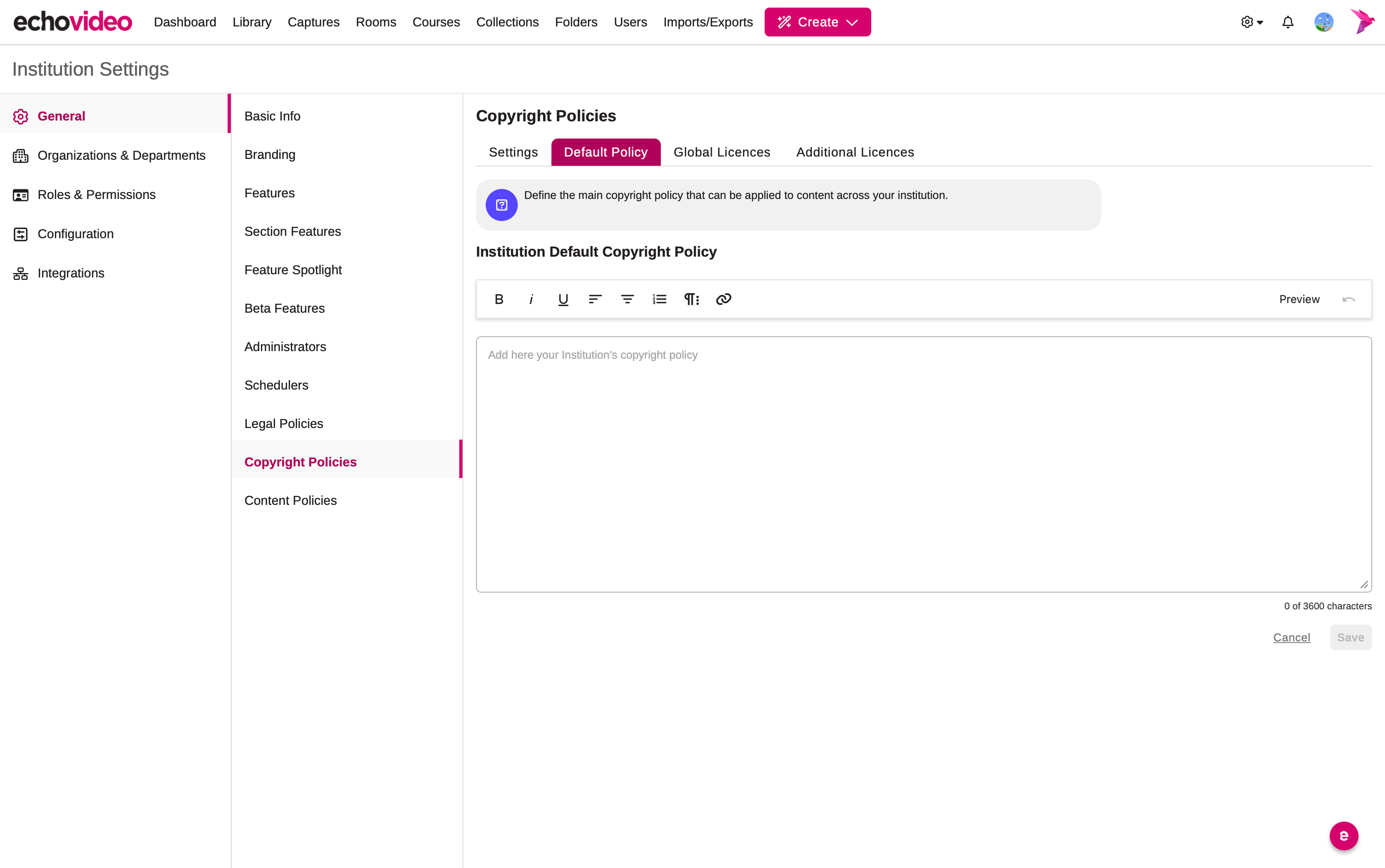 EchoVideo Institution Settings interface showing the Copyright Policies page with the 'Default Policy' tab selected