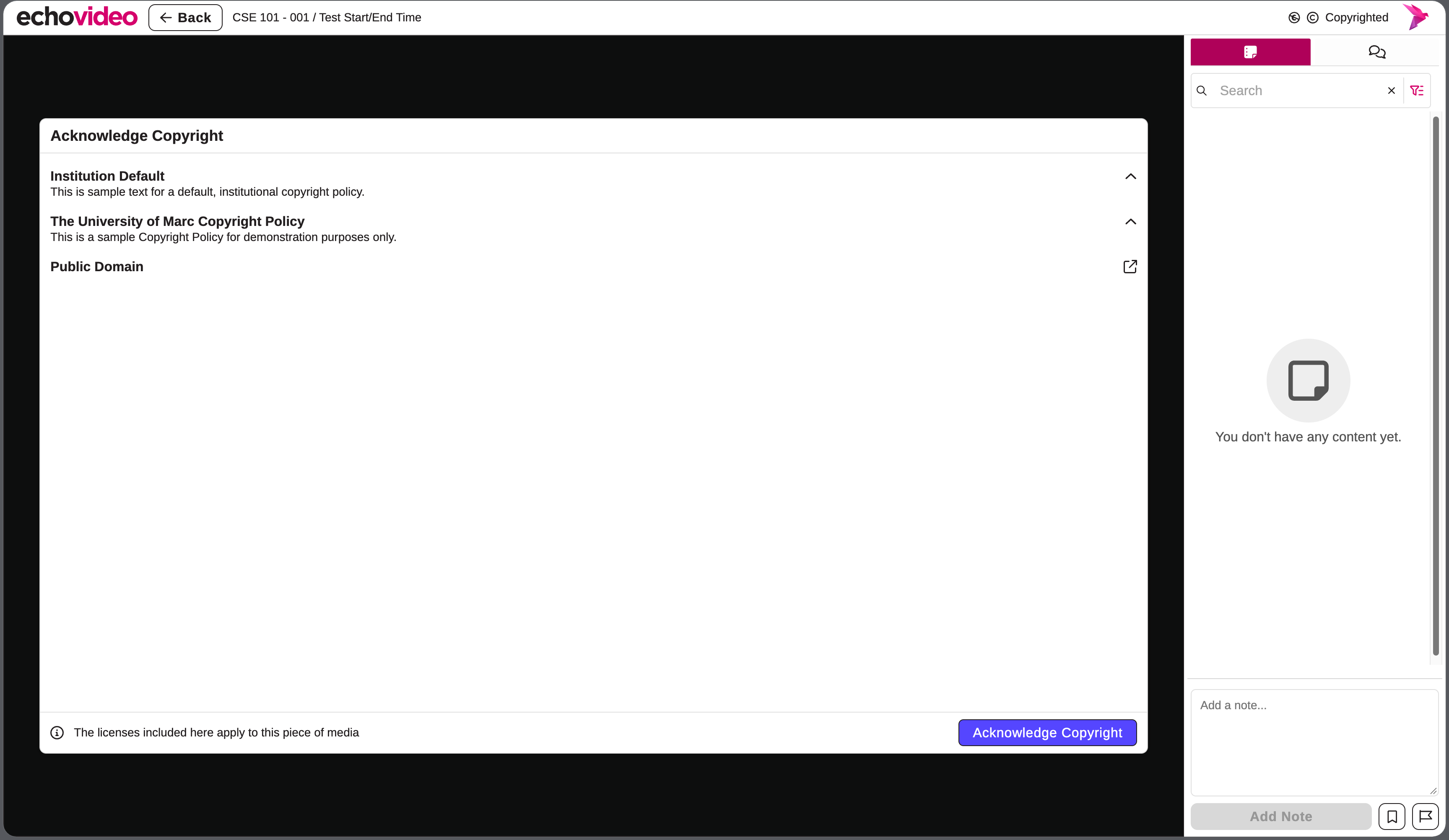 Echo Player showing Copyright Acknowledgement as described