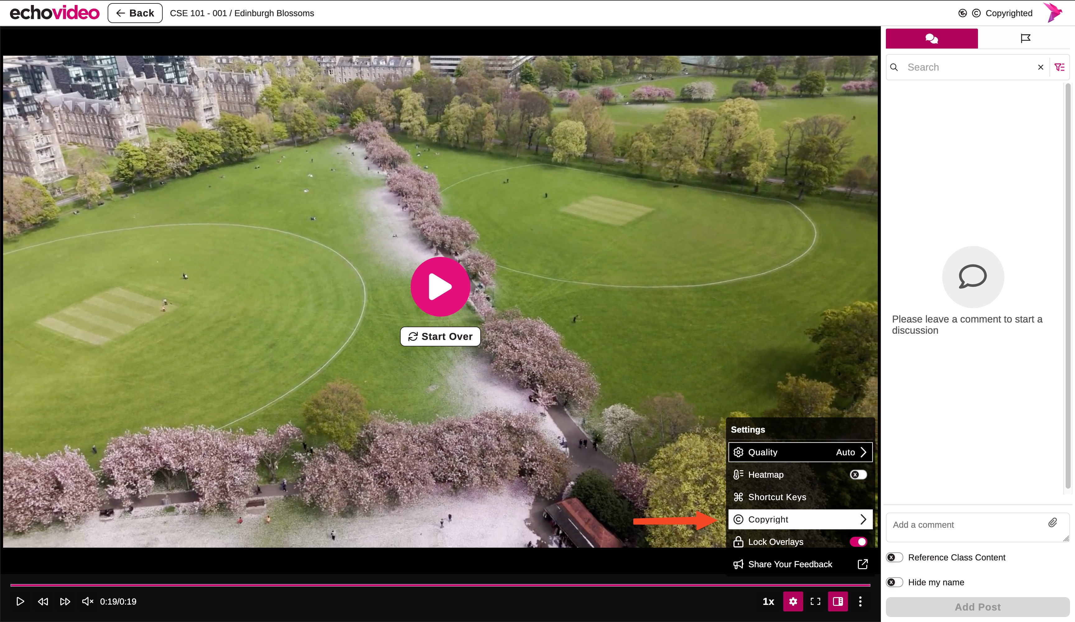 Echo Video Classroom with Copyright indicator identified as described