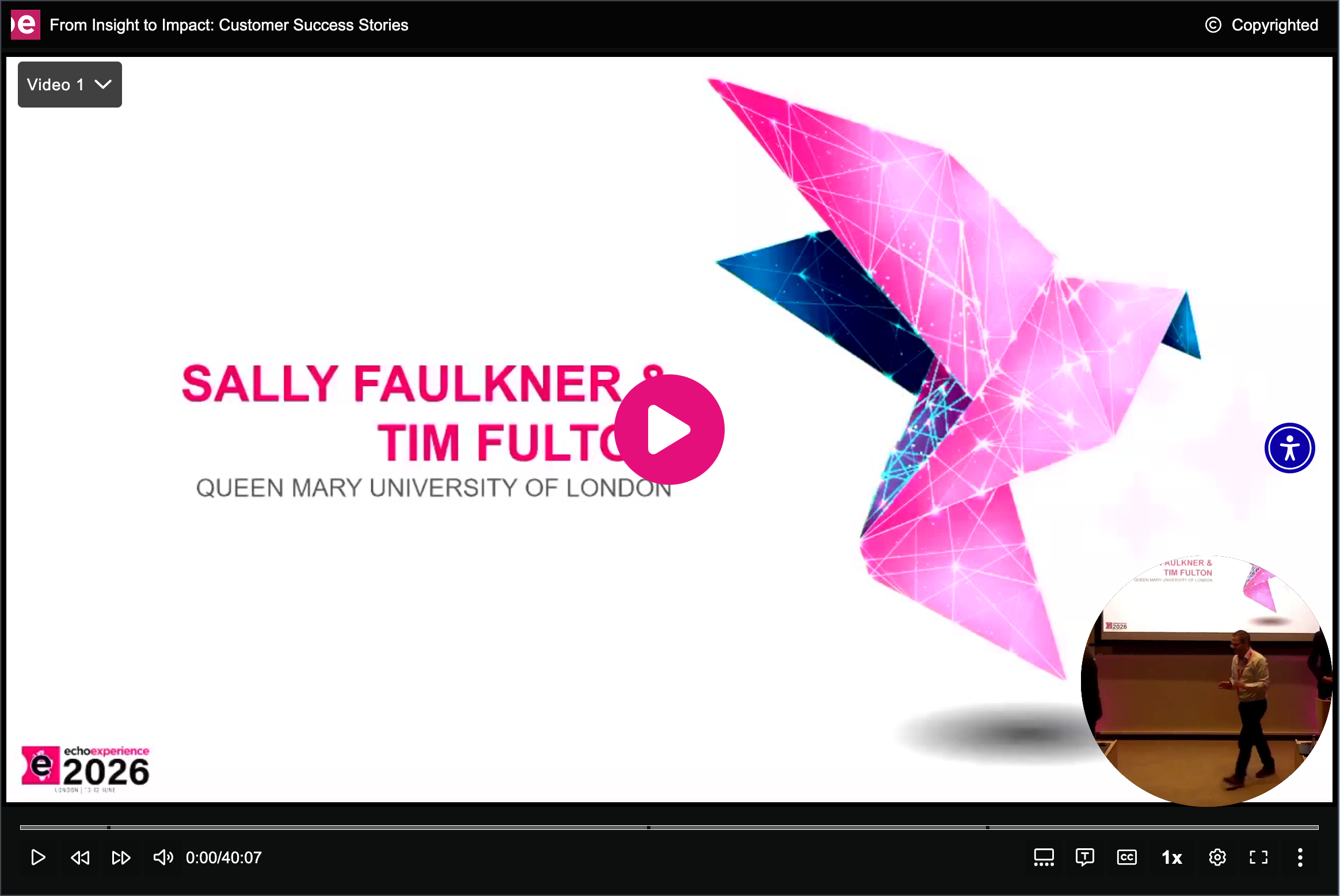 Embedded Media in the New Player showing play icon and start over buttons as described