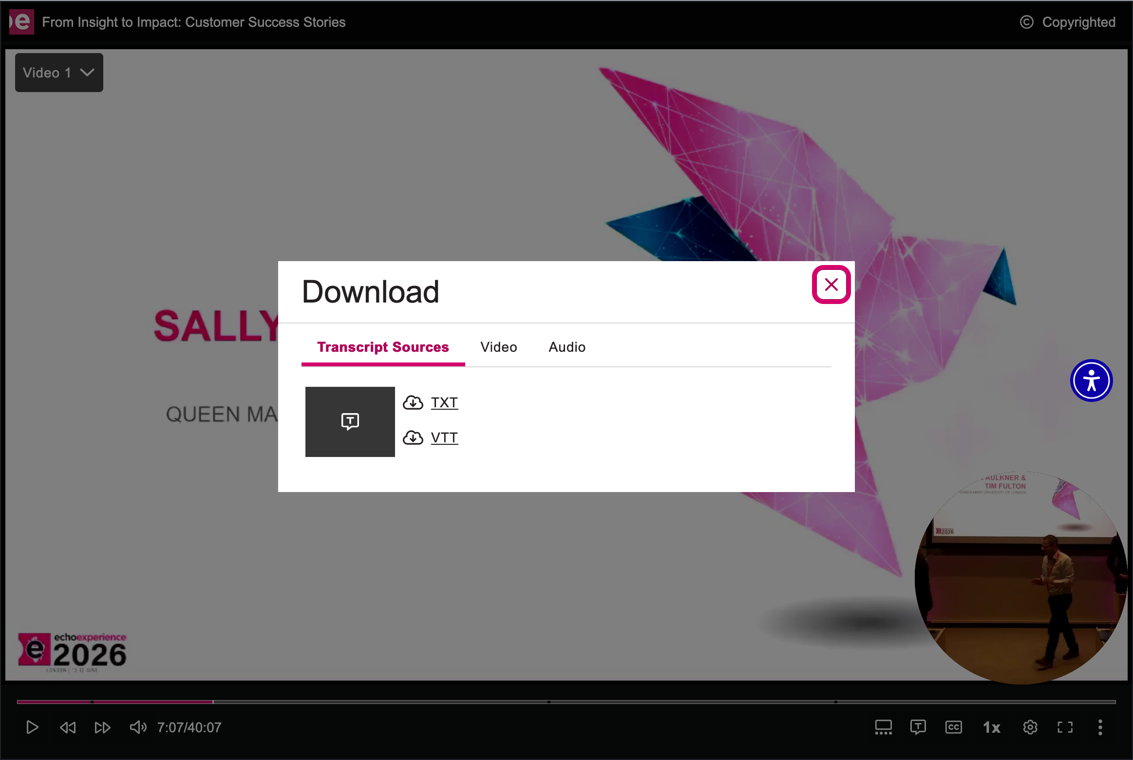 Embedded media with the download option open to Download Transcripts