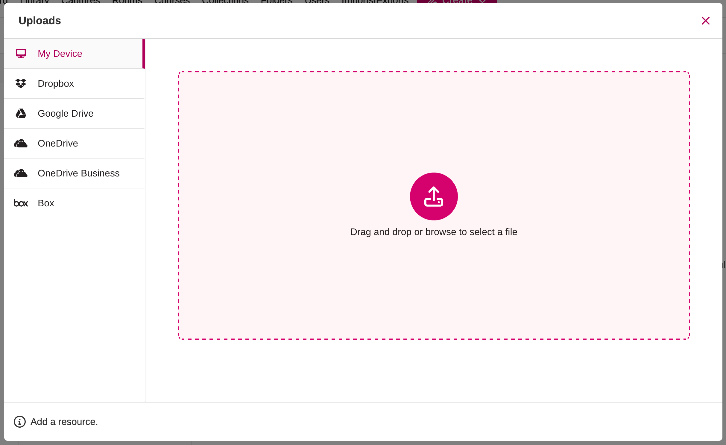 Filestack dialog box with location selection and select files to upload icons shown as described