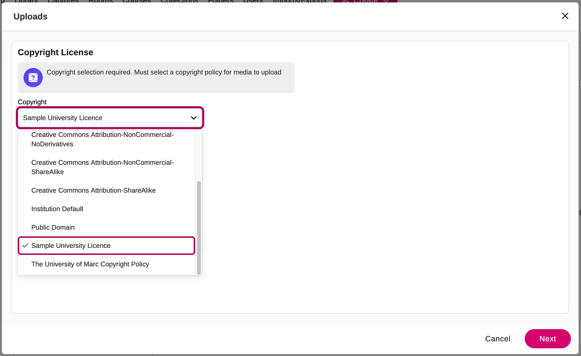 EchoVideo upload Copyright selection screen with a sample licence selected