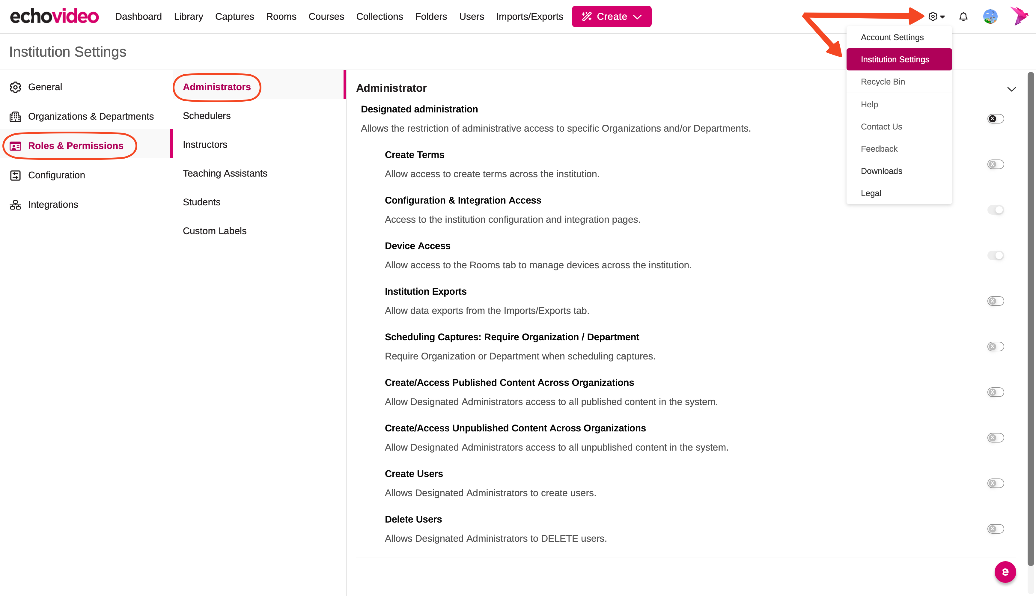 Institution Settings with Roles and Permissions Admin Settings as described